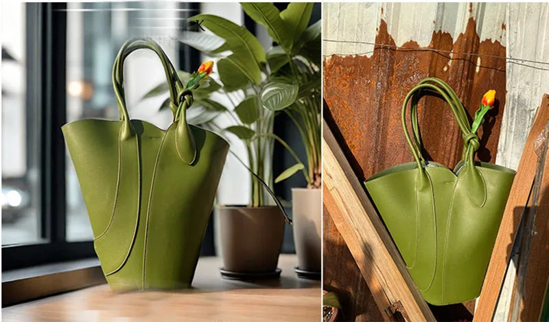 Green Designer Leather Tote Handbag