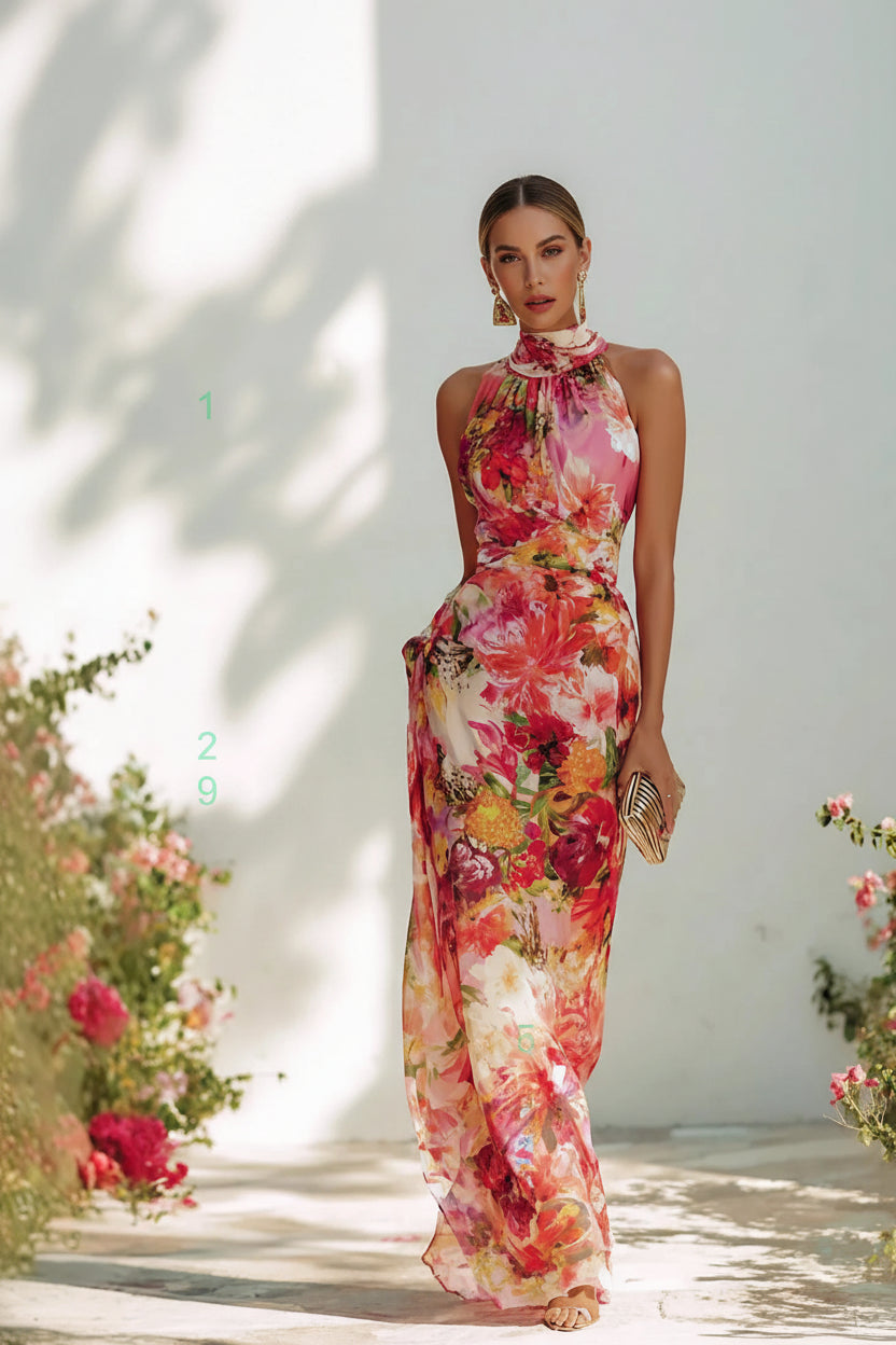 Summer Floral Print Halter Neck Sleeveless Bodycon Chiffon Dress