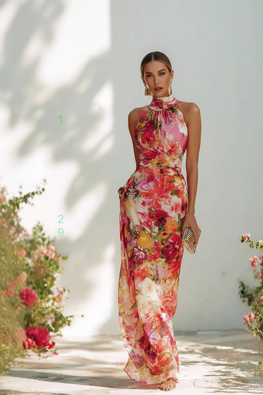 Summer Floral Print Halter Neck Sleeveless Bodycon Chiffon Dress