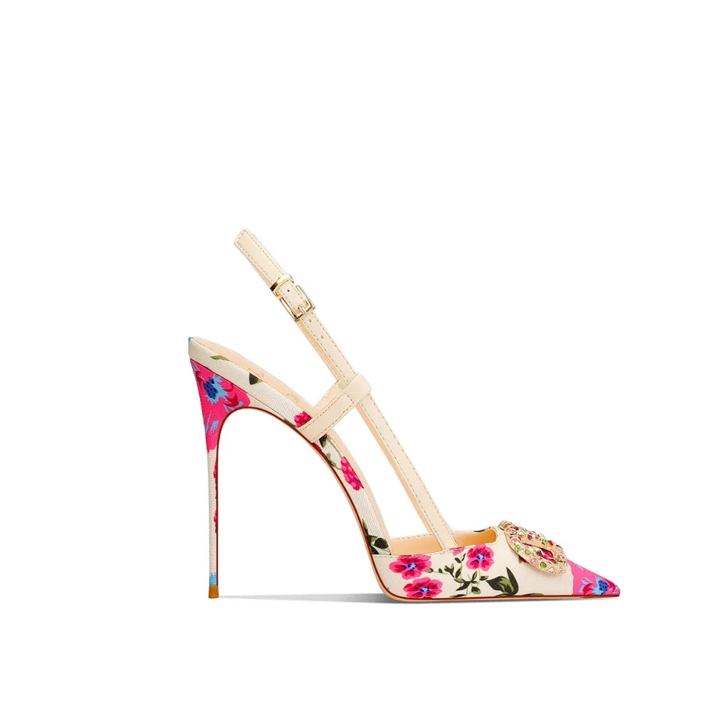 Elegant Floral Pointed Toe Jewel Buckle Stiletto Heels