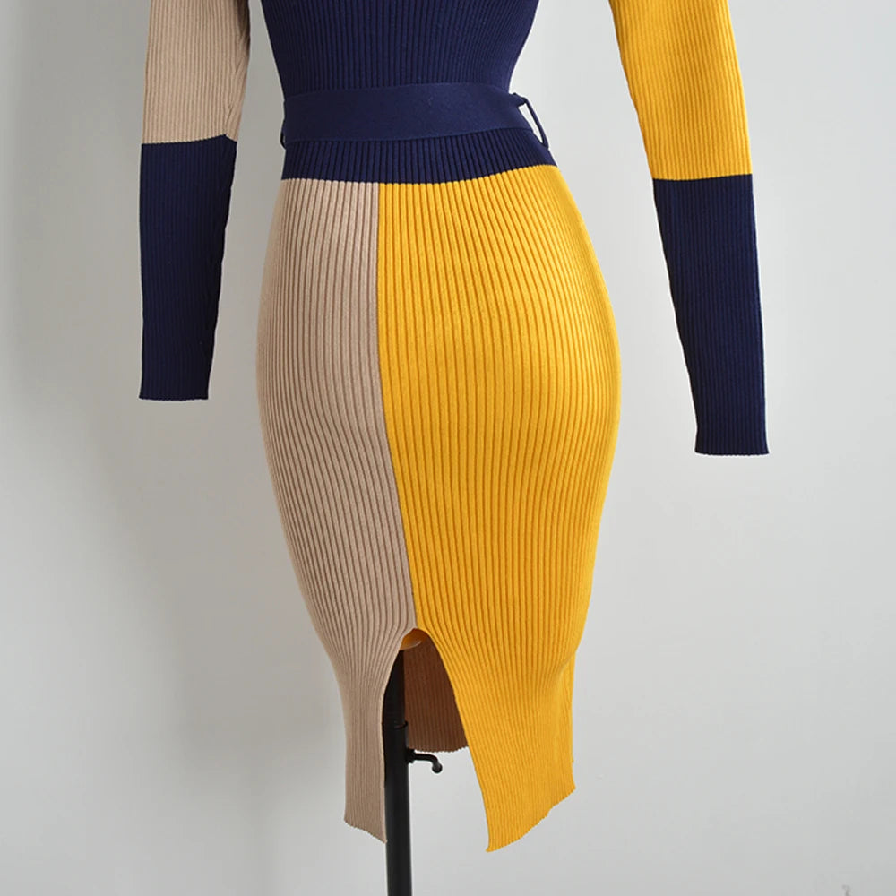 Women's Knitted Color Block Long Sleeve Turtleneck Sweater Dress with Belt