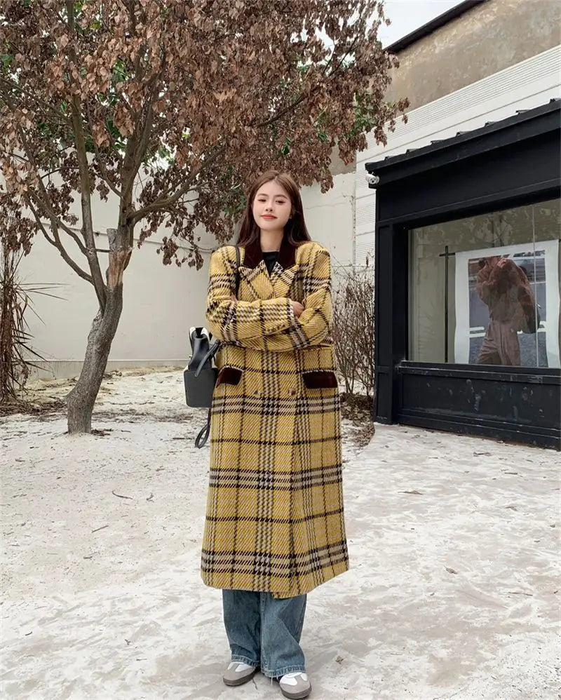 Women's Yellow Plaid Print Thick Long Sleeve Winter Overcoat