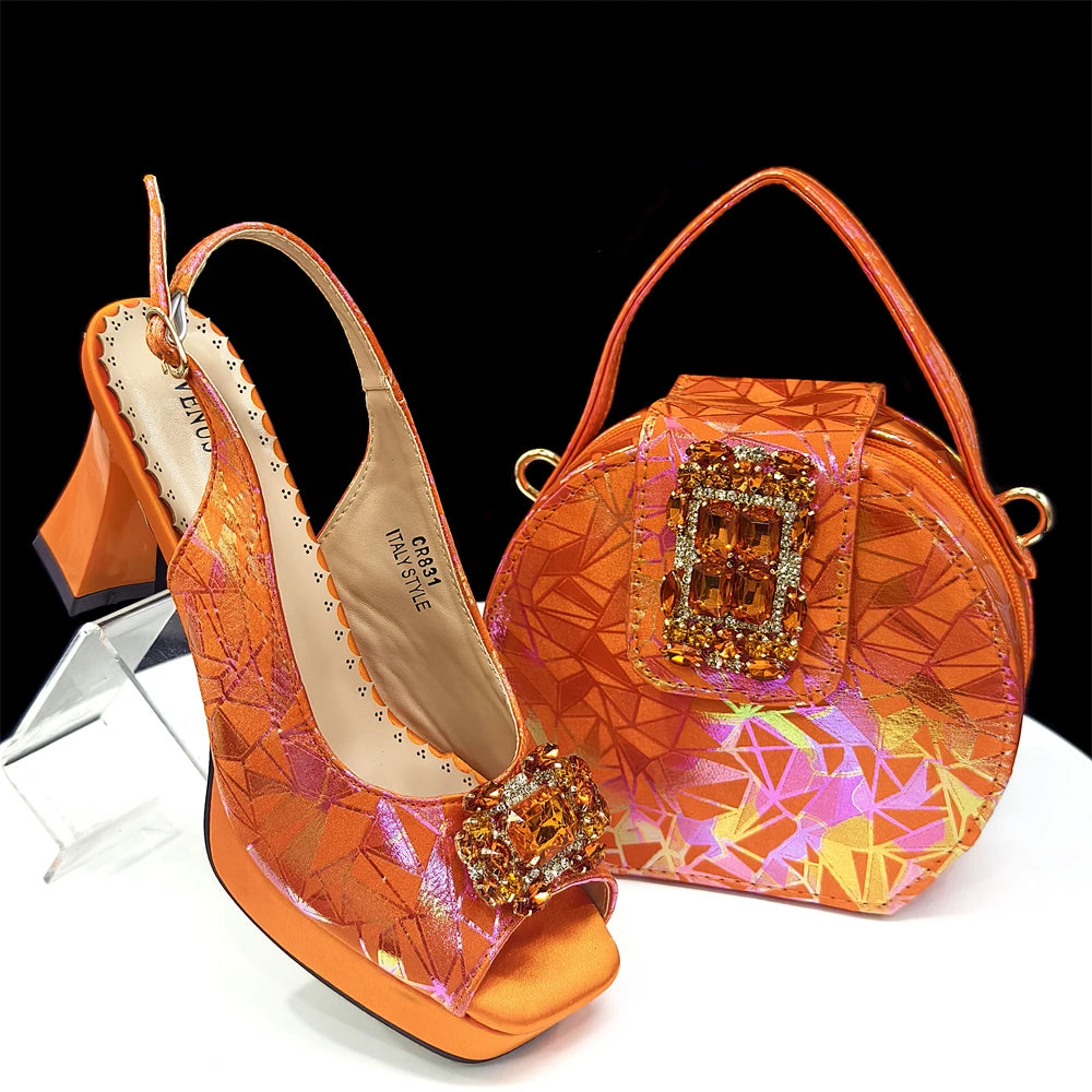 Elegant Women Peep Toe Designer Rhinestone Italian Shoes and Matching Bags