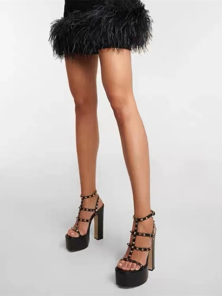 Women's Thick Soled Patent Leather Stage Runway High Heels with Rivets