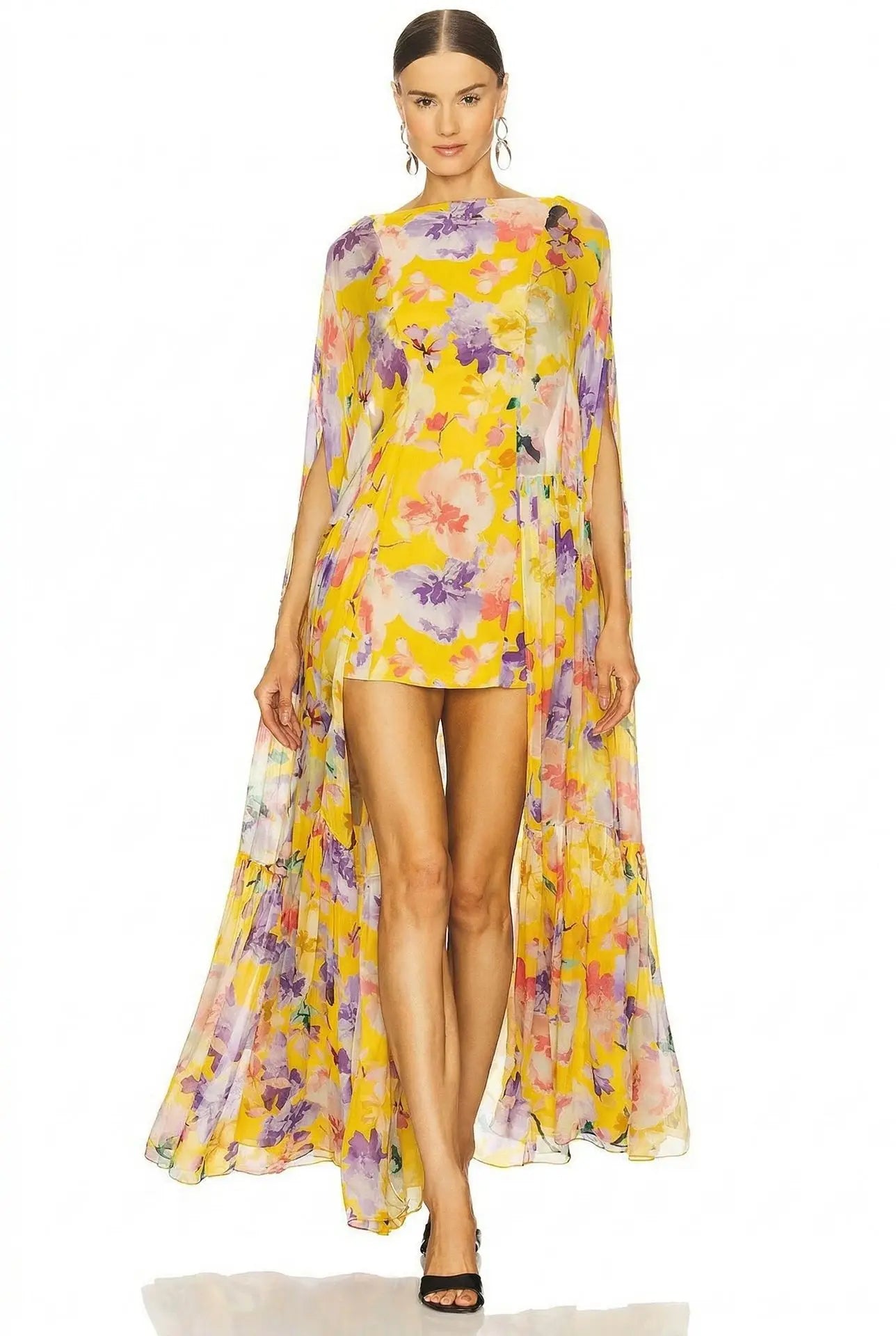 Flower Print Chiffon Big Hem Slim Mini Designer Dress