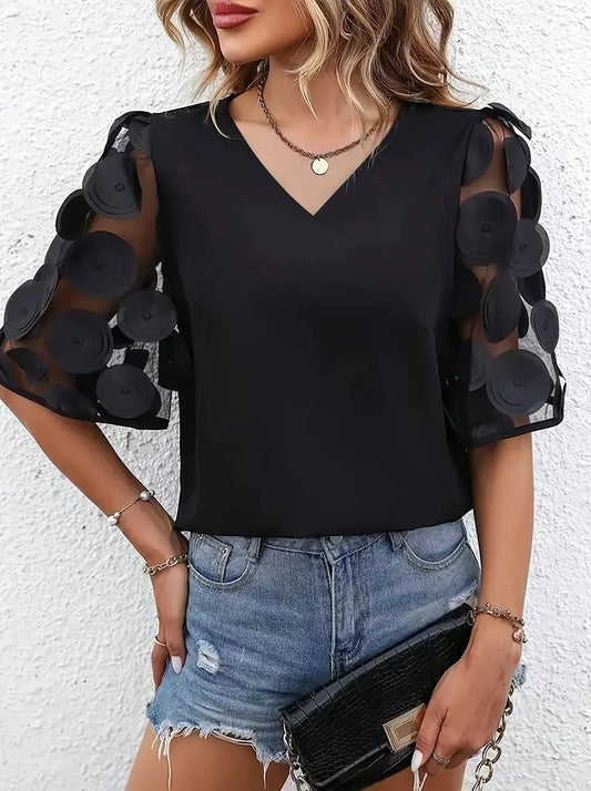 Sheer Sleeve V Neck Chiffon Blouse