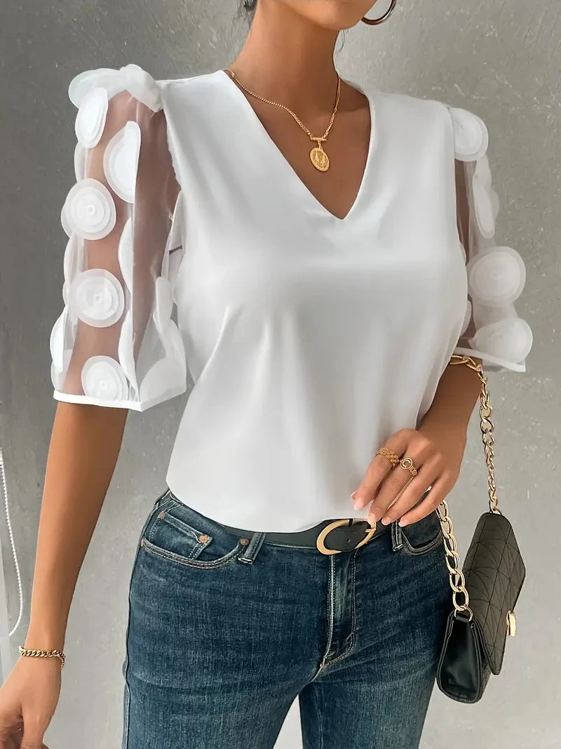 Sheer Sleeve V Neck Chiffon Blouse