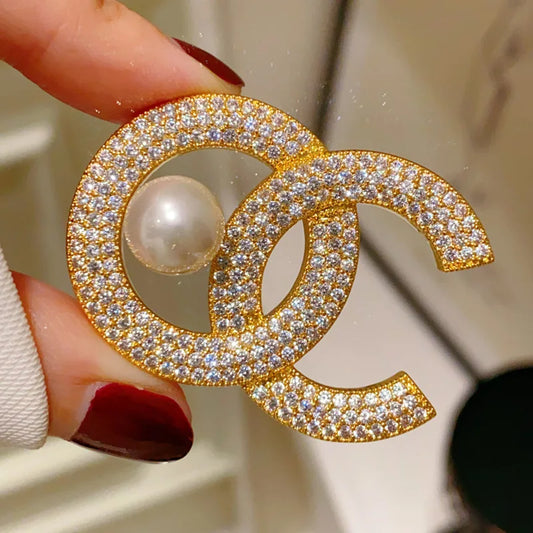 Rhinestone Letter C Pearl Brooch