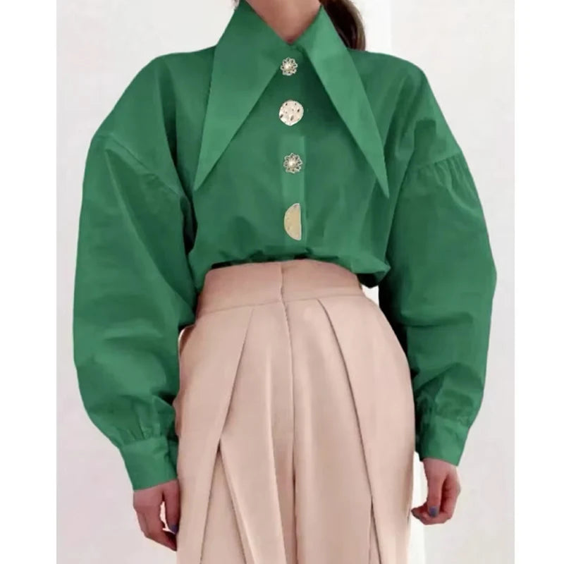 Women's Long Sleeve Pointed Collar Designer Button Down Blouse