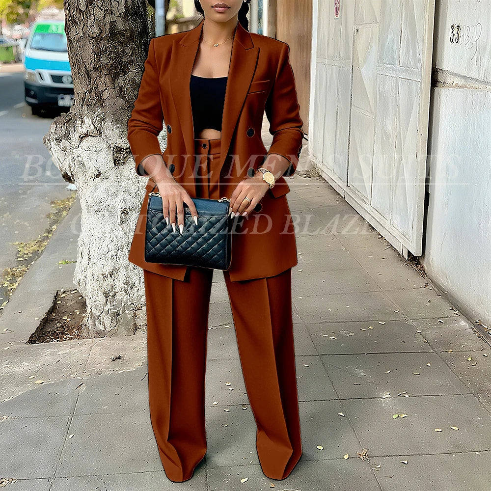 Elegant Women's Double Breasted Peak Lapel Blazer and Pleated Trouser Pants 2pc Suit