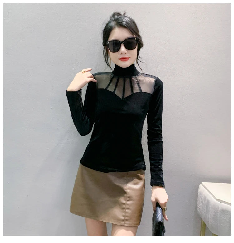 Velvet Mesh Slim T Designer Long Sleeve Turtleneck