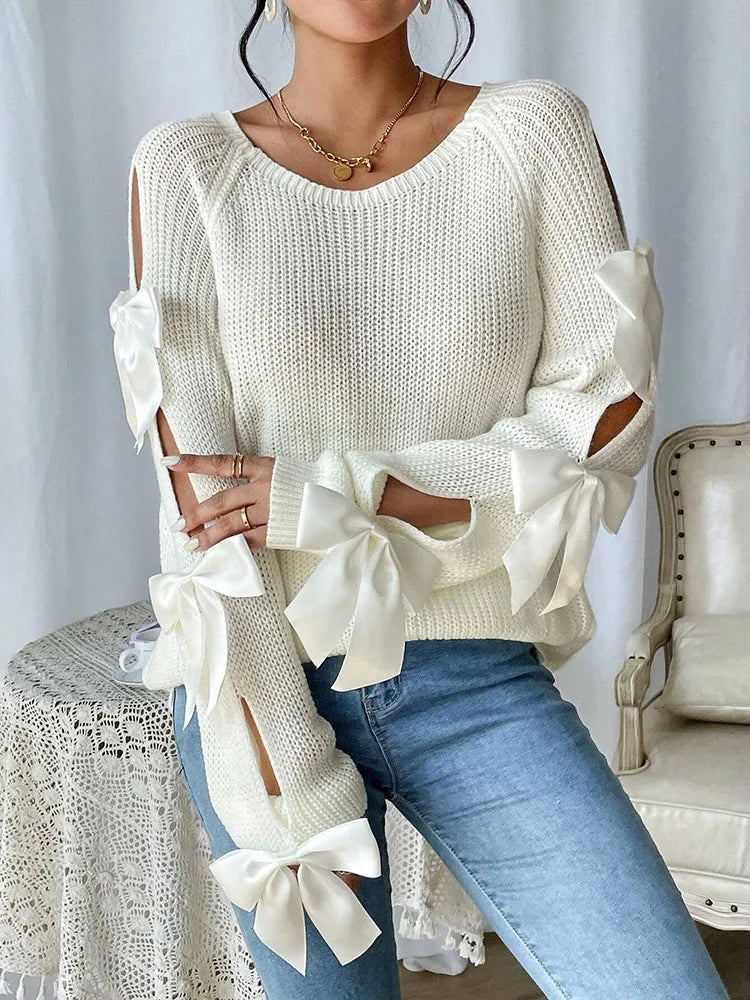 Women Designer Round Neck Long Sleeve Knitted Bow Tie Sweater