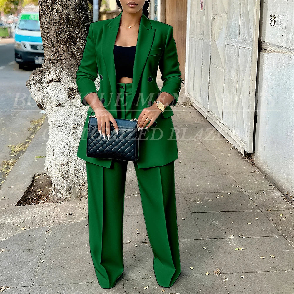 Elegant Women's Double Breasted Peak Lapel Blazer and Pleated Trouser Pants 2pc Suit
