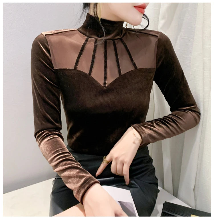 Velvet Mesh Slim T Designer Long Sleeve Turtleneck