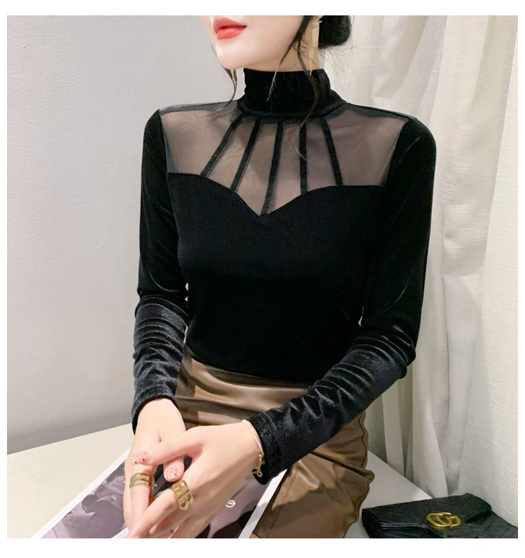 Velvet Mesh Slim T Designer Long Sleeve Turtleneck