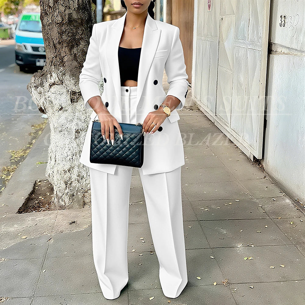 Elegant Women's Double Breasted Peak Lapel Blazer and Pleated Trouser Pants 2pc Suit