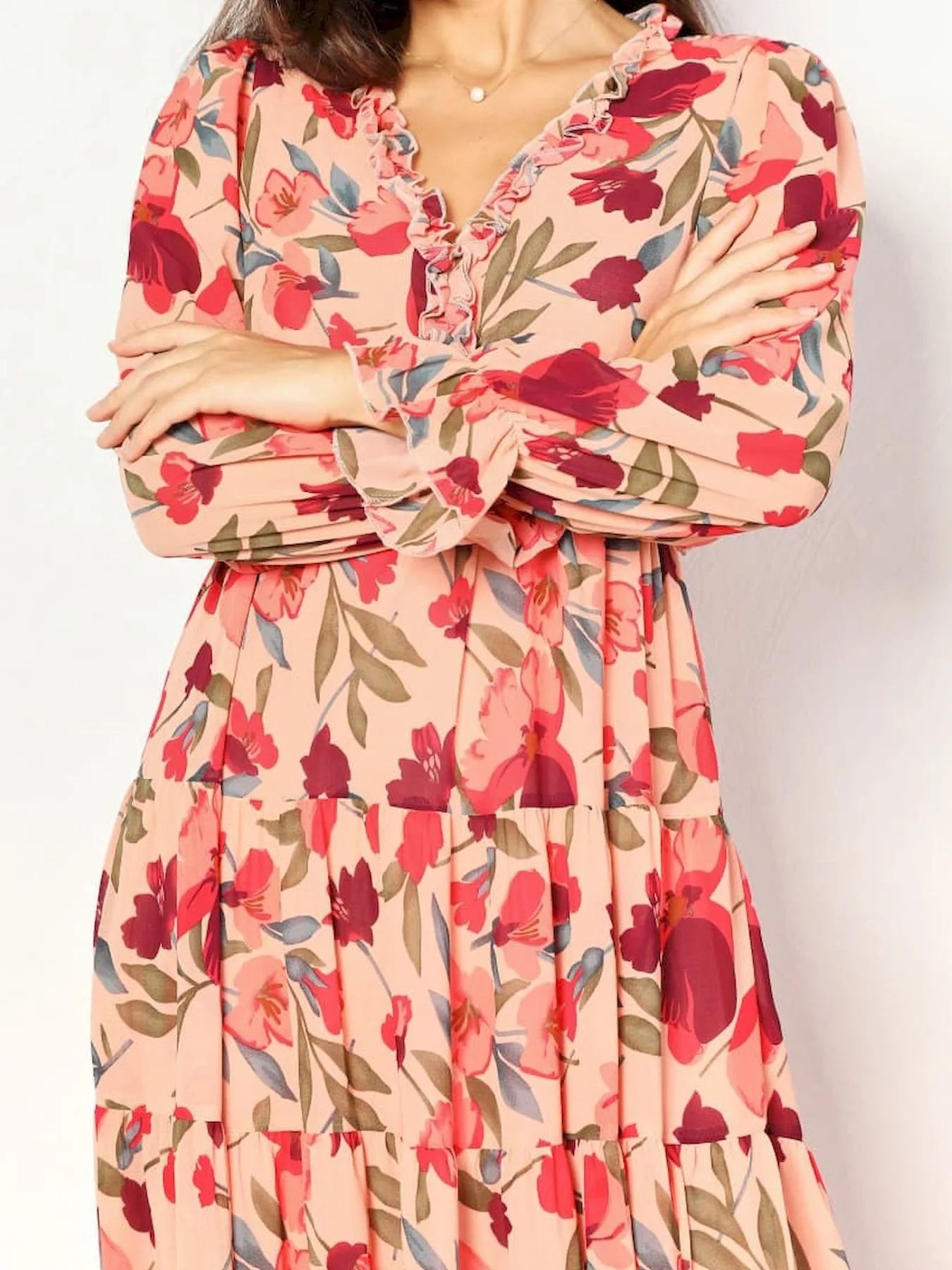 Elegant Floral Print Ruffle Layered Long Sleeved Chiffon A Line Long Maxi Dress