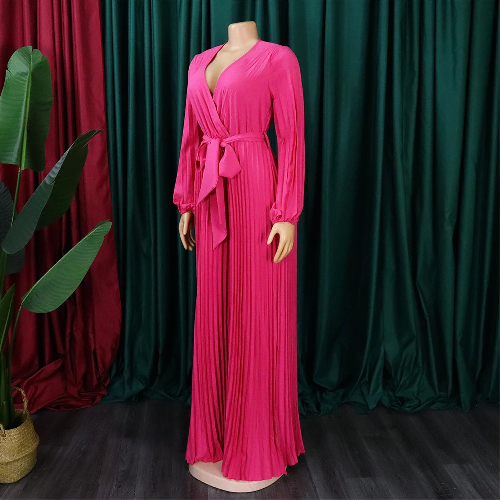 Elegant Pleated Full Sleeve V Neck High Waisted Jumpsuit