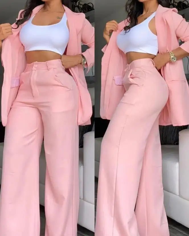 Designer Solid Color Button Blazer & Straight Leg Pant 2pc Set
