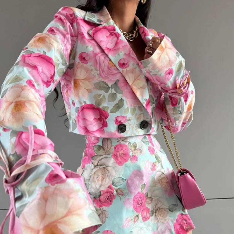 Floral Print Elegant Long Sleeve Lapel Button Crop Top Bodycon Mini Skirt Two Piece Set