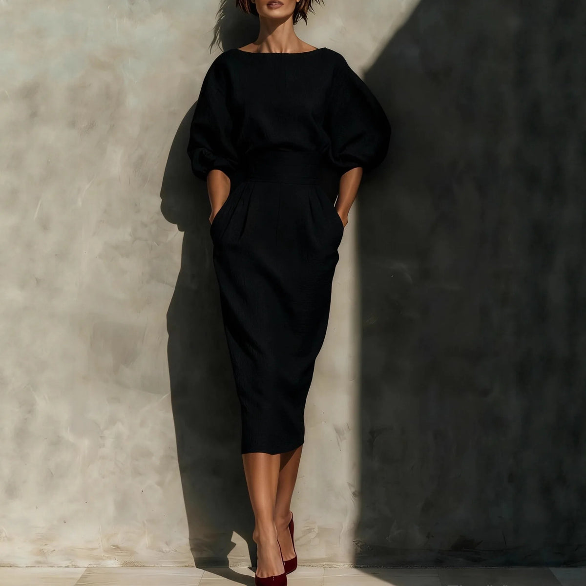 Women O-neck Lantern Sleeve Pocket Midi High Waist Pleated Wrap Hip Dress