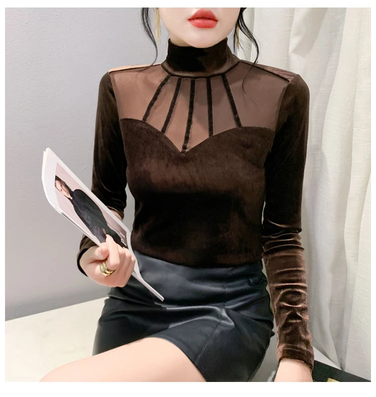 Velvet Mesh Slim T Designer Long Sleeve Turtleneck
