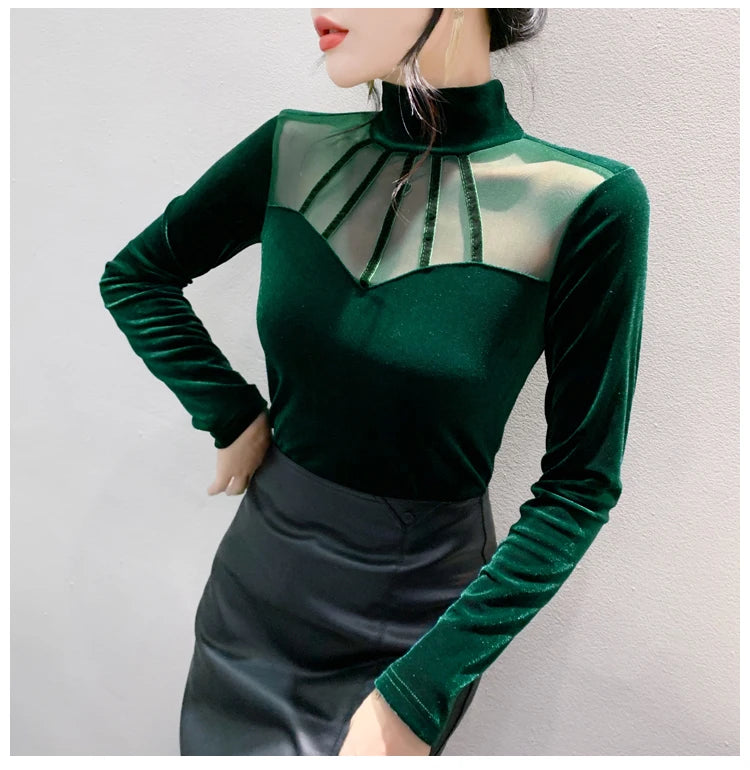 Velvet Mesh Slim T Designer Long Sleeve Turtleneck