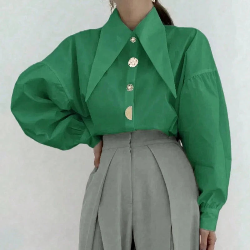 Women's Long Sleeve Pointed Collar Designer Button Down Blouse