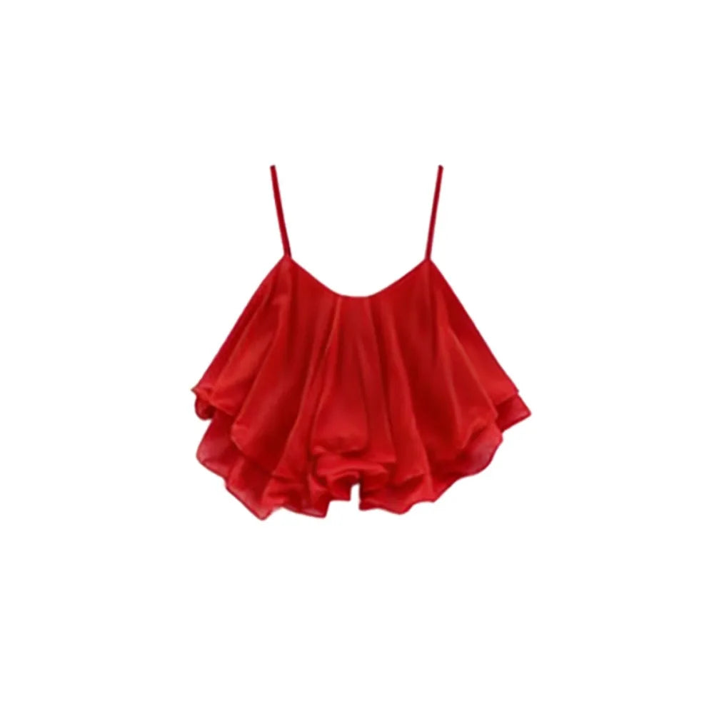 Ruffled Chiffon Spaghetti Strap Flowy Crop Top