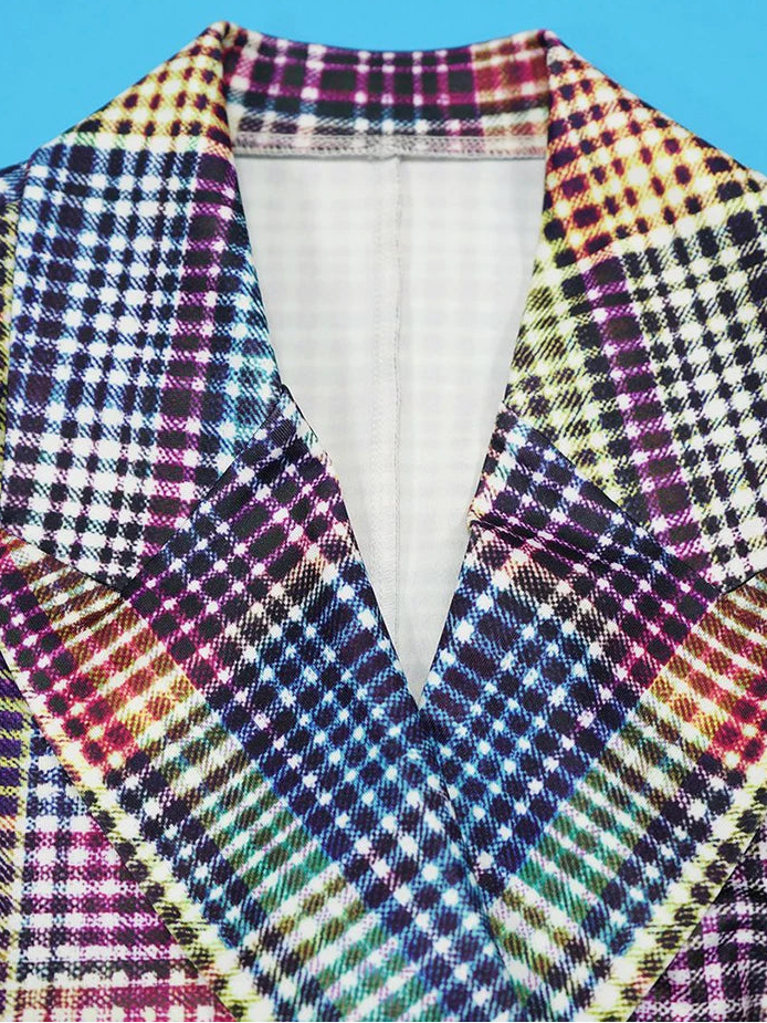 Multicolored plaid fabric with a brand name 'Znaiml' on a blue background