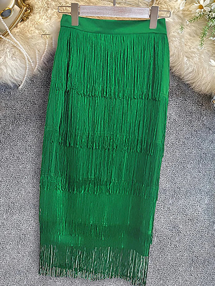 Women's Fringe Bodycon Tassel High Waist Stretch Midi Pencil Skirt