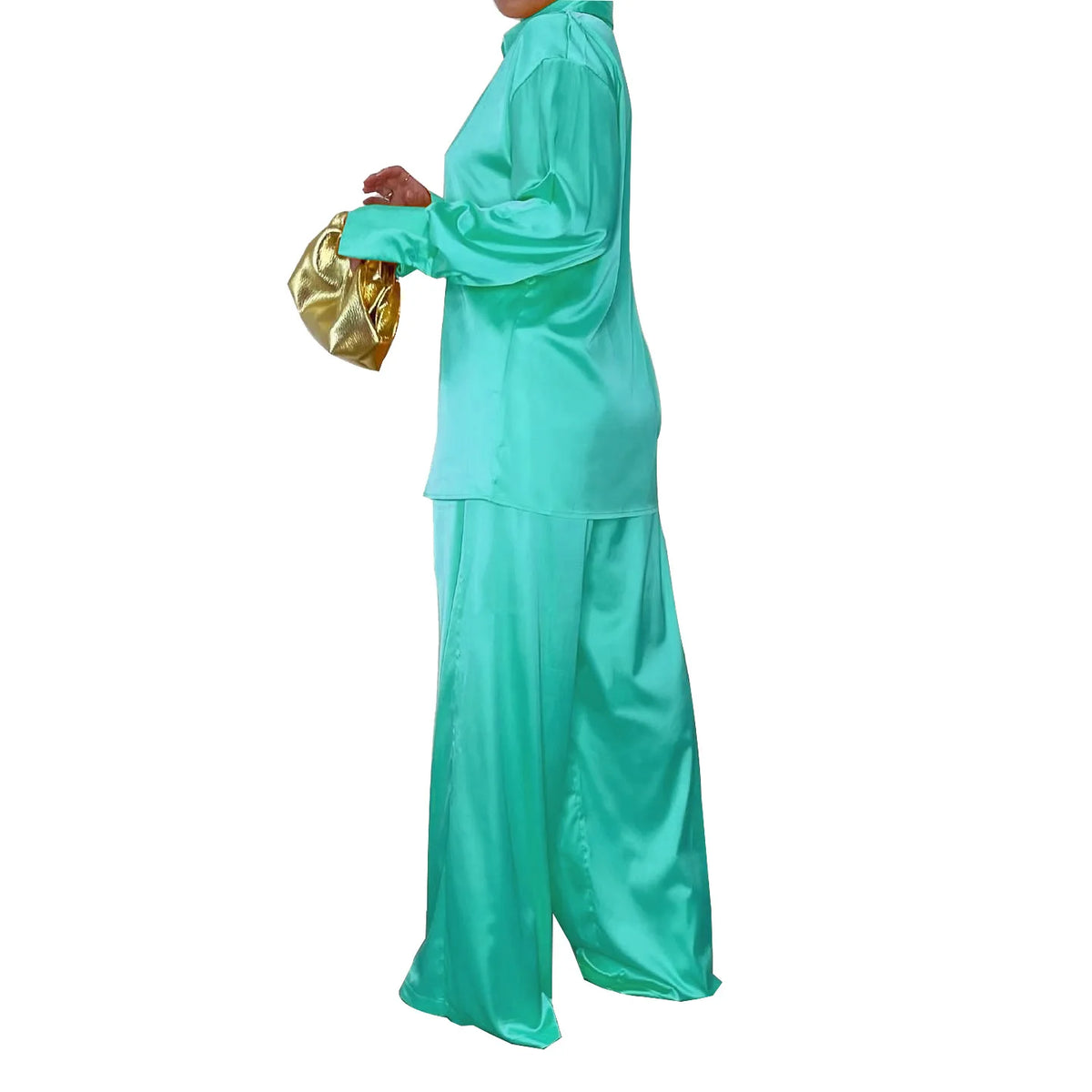 Elegant Satin Women's Long Sleeve Tracksuit And Wide Leg Pants
