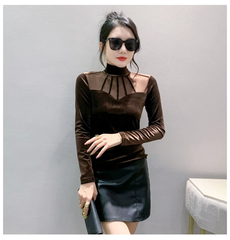 Velvet Mesh Slim T Designer Long Sleeve Turtleneck
