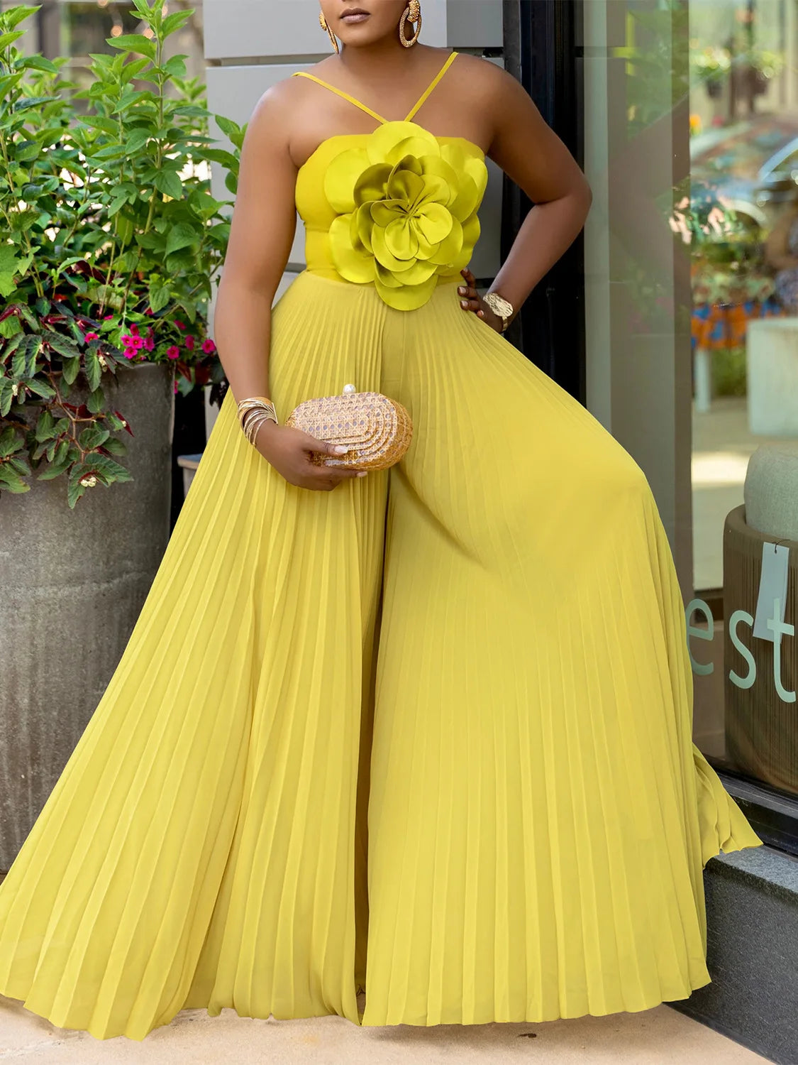 Chiffon Flower Sleeveless Pleated Wide Leg Jumpsuit