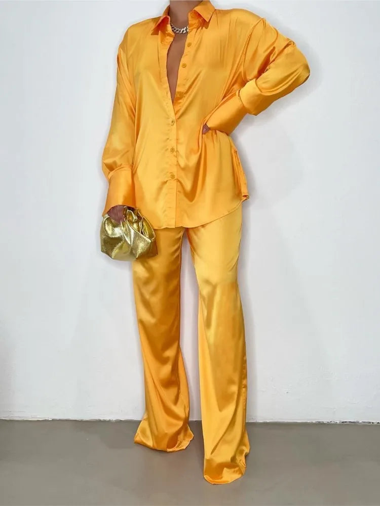 Elegant Satin Women's Long Sleeve Tracksuit And Wide Leg Pants