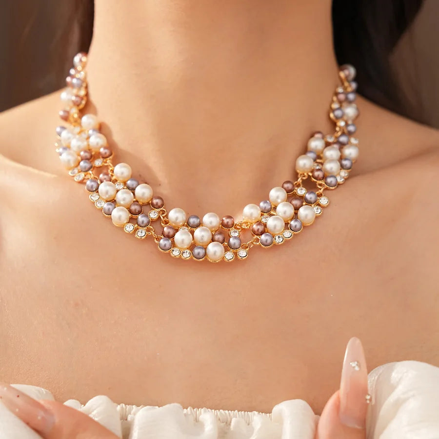 Vintage Pearl Rhinestone Choker Necklace and Earrings Set