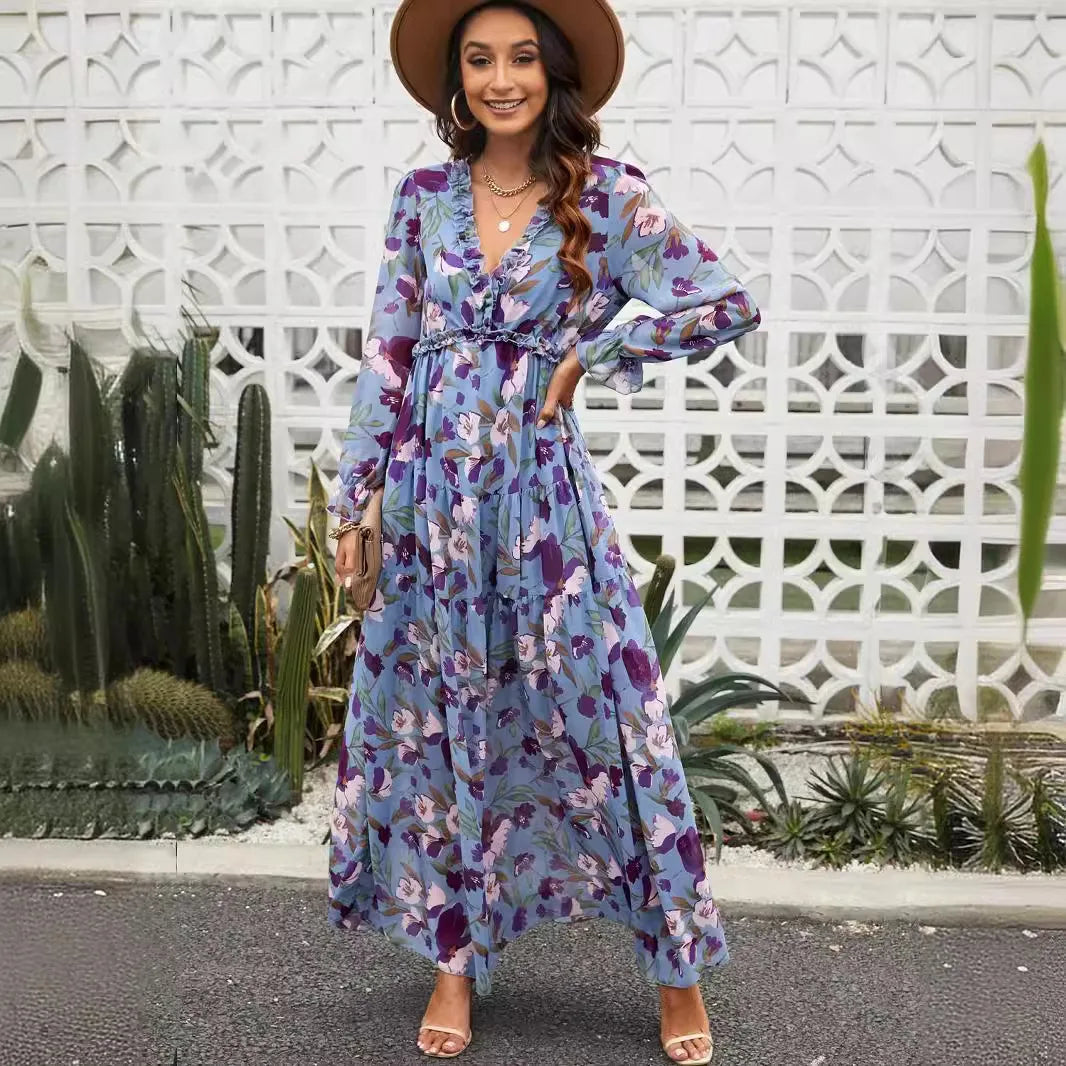 Elegant Floral Print Ruffle Layered Long Sleeved Chiffon A Line Long Maxi Dress