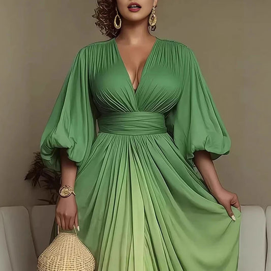 Women's Deep V-Neck Puff Sleeve Bodycon Ruched Waist Maxi Dress