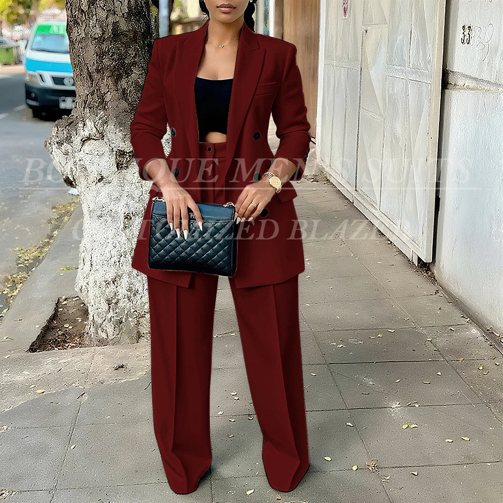 Elegant Women's Double Breasted Peak Lapel Blazer and Pleated Trouser Pants 2pc Suit