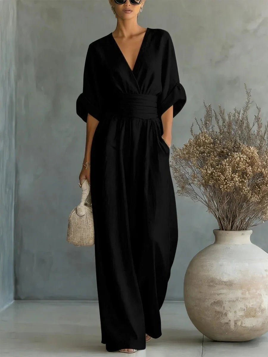 Women's High Waist V-neck Solid Color Wide Leg Jumpsuit