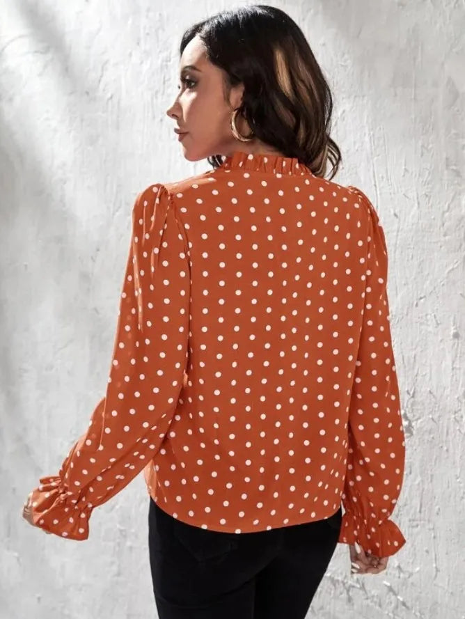 Women's Elegant Professional V-neck Polka Dot Long Sleeved Casual Chiffon Blouse