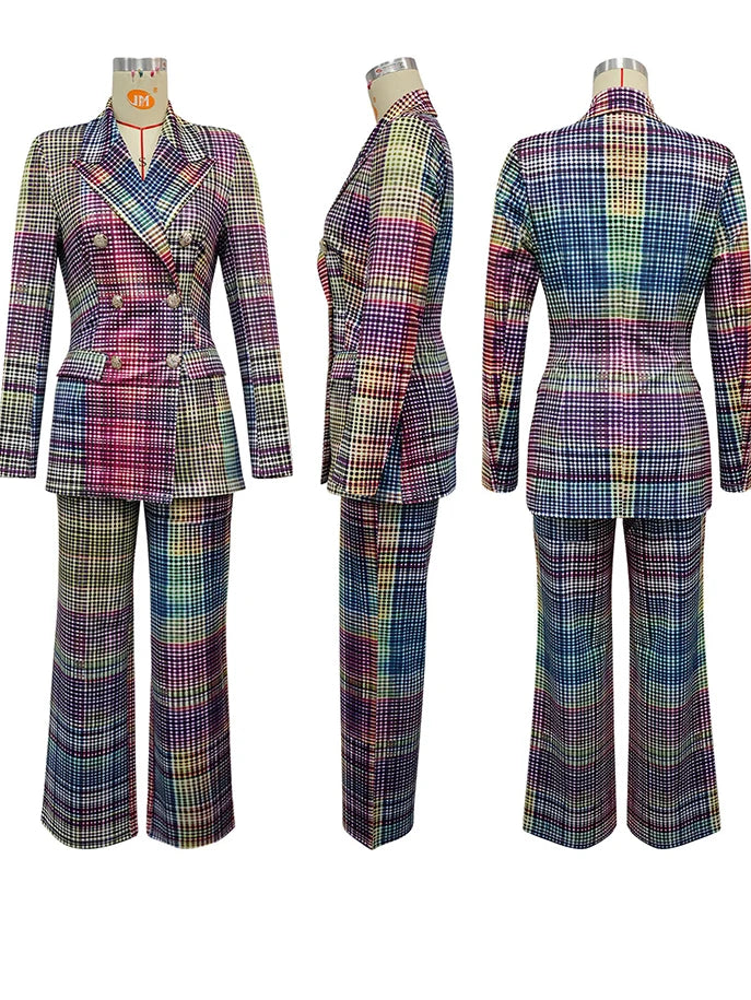 Multicolored plaid suit on mannequins with 'Znaiml' branding.