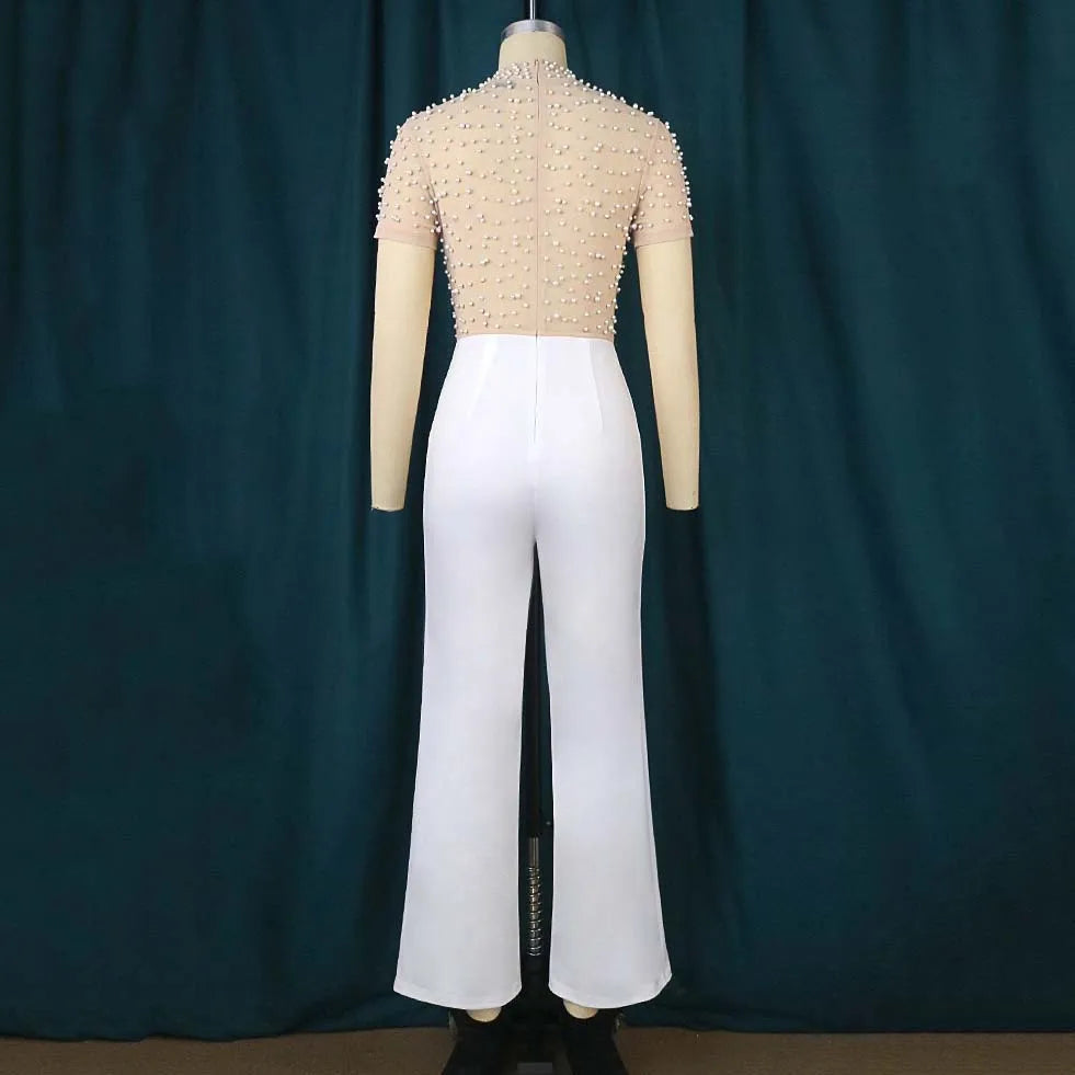 Elegant Women O Neck Short Sleeve Beaded High Waisted Luxury Jumpsuit