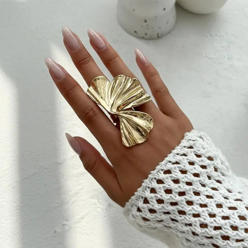 Exaggerated Fold Leaf Irregular Wide Gold Ring