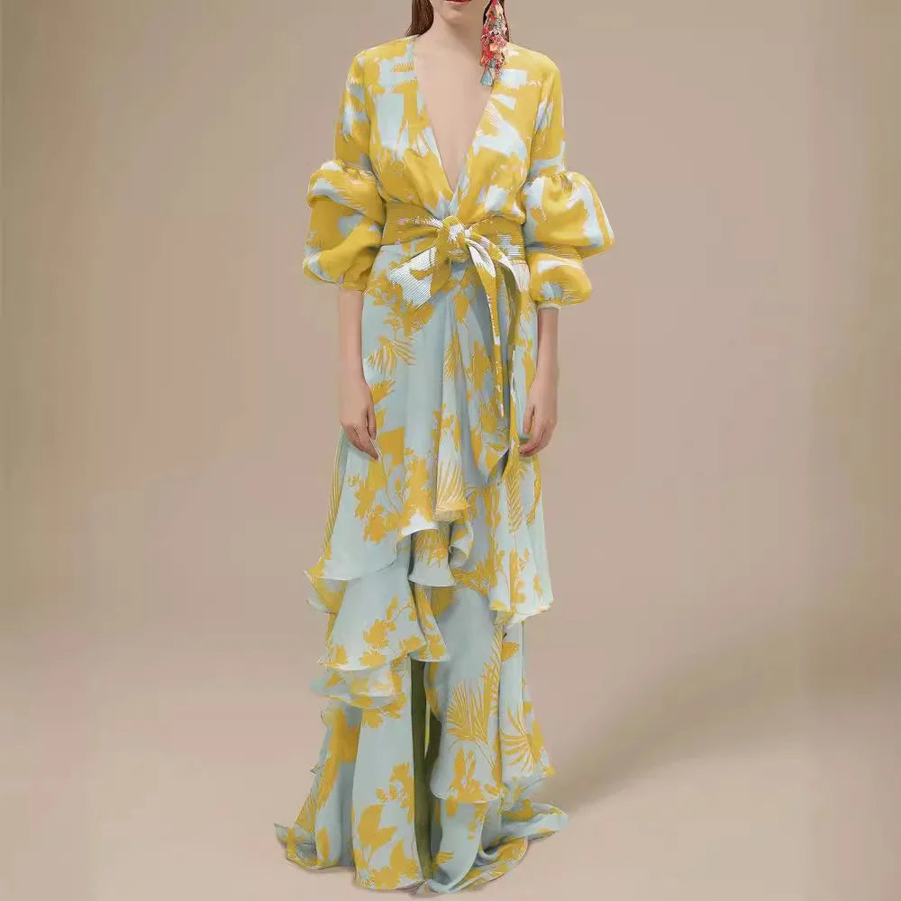 Summer Chiffon Floral Print V-Neck Beach Irregular Bohemian Dress