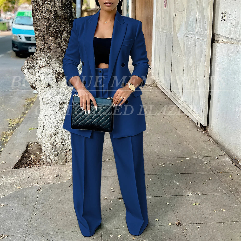 Elegant Women's Double Breasted Peak Lapel Blazer and Pleated Trouser Pants 2pc Suit