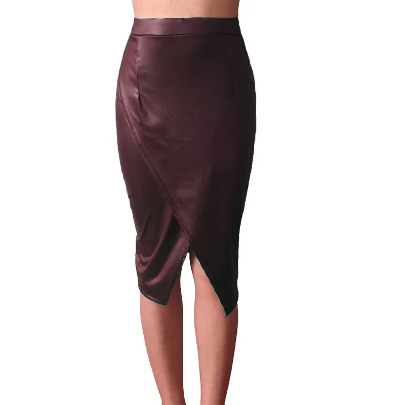 Women's Faux Leather Midi Split High-Waist Skirt