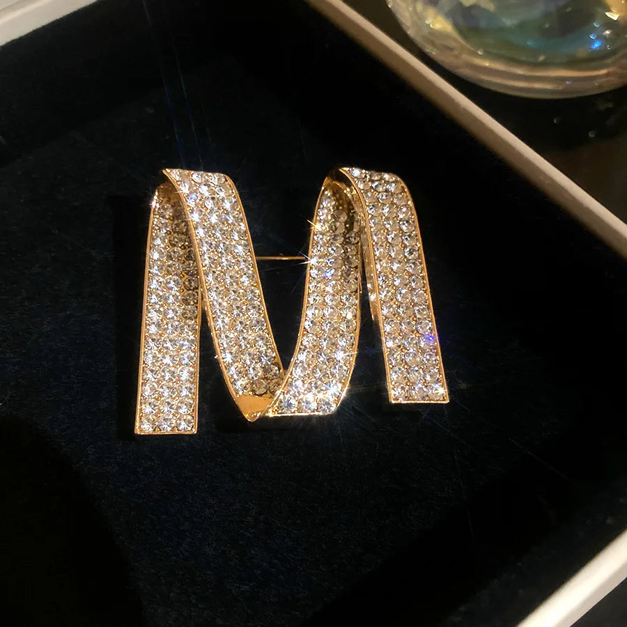Dedicate Gold Color M Letter Full Rhinestone Brooch for Women