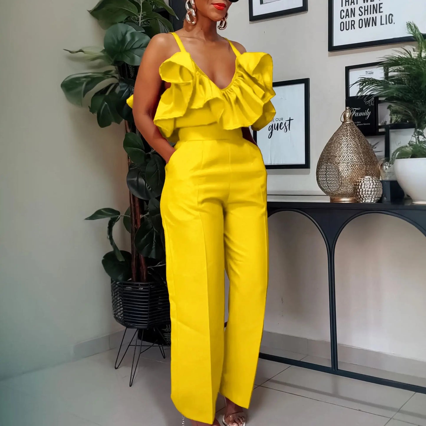 Designer Deep V Neck Ruffles High Waist Pants Jumpsuit