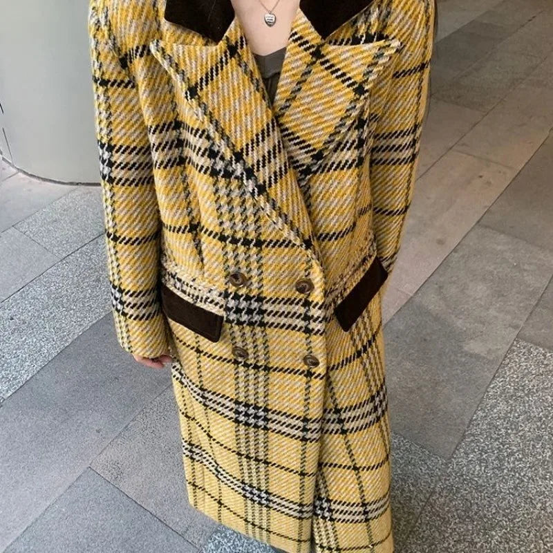 Women's Yellow Plaid Print Thick Long Sleeve Winter Overcoat